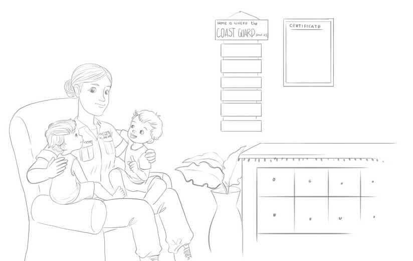Rough sketch stage for an early spread, blocking composition and character placement for the author's review.