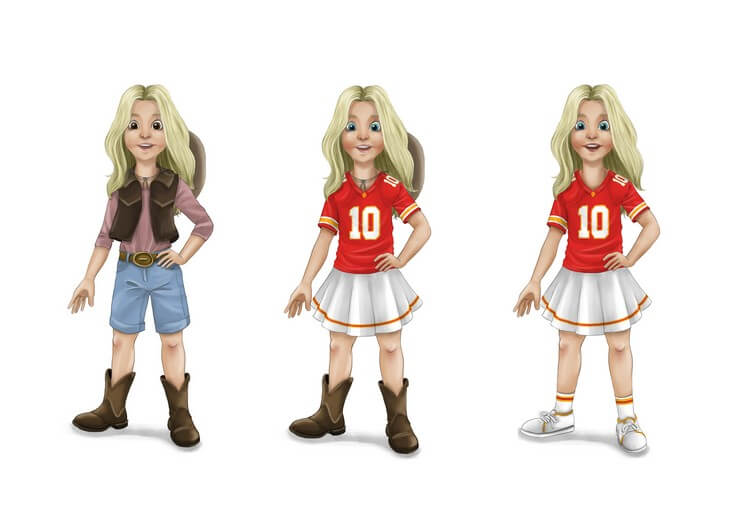 Character exploration sketches for Julie, the new companion character introduced in the Kansas City installment of the Football Freddie series.