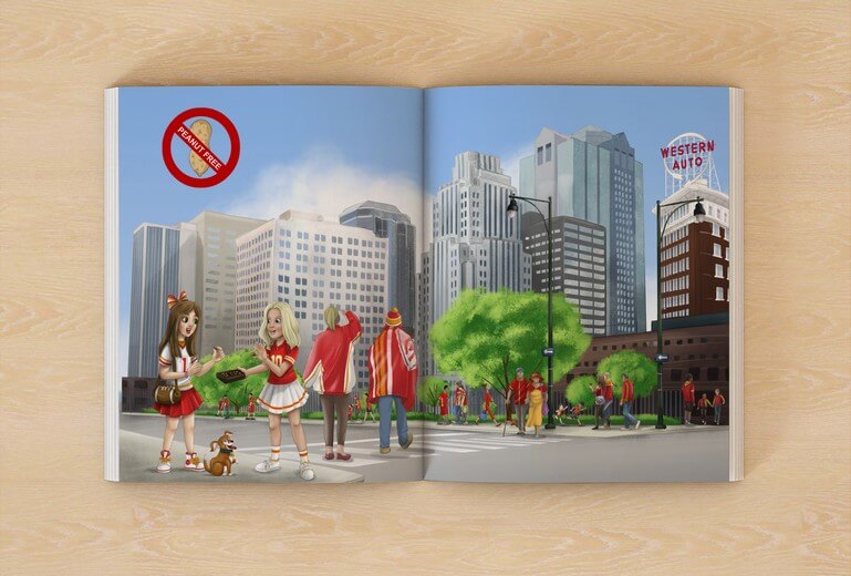A double-page spread from Football Freddie and Fumble the Dog: Gameday in Kansas City, showing the final print layout with left and right pages combined.