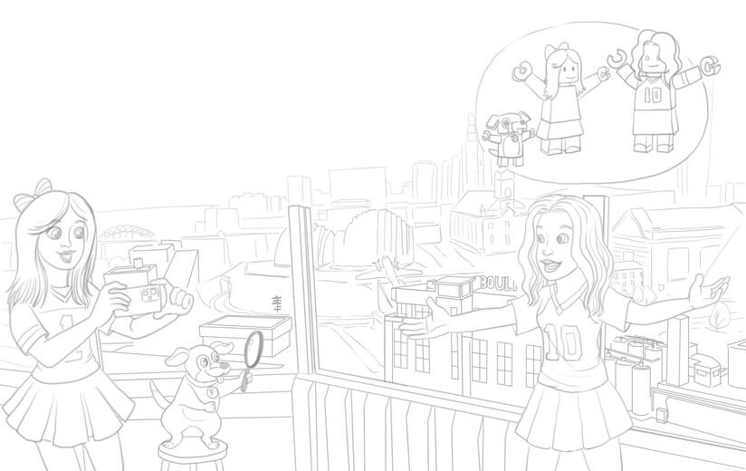 Rough sketch stage for the Legoland Discovery Center spread, blocking composition, character placement, and landmark layout for the authors' review.