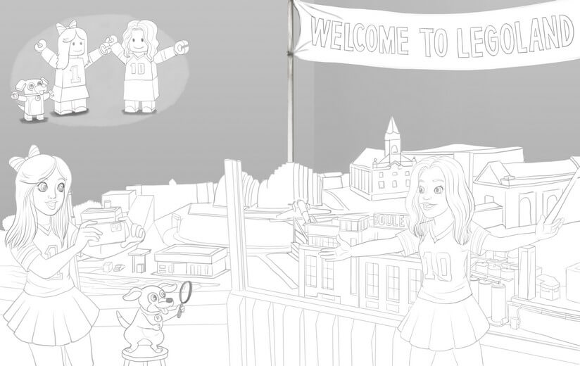Approved line art for the same spread, with all revisions incorporated and ready to move to color.