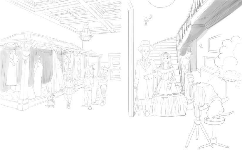 Rough sketch of a museum scene, showing composition, character placement, and scene blocking for the author’s approval.