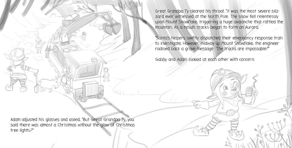 Rough sketch of the scene where an elf requests help clearing snow from the train tracks, showing composition and text placement for the authors' approval.