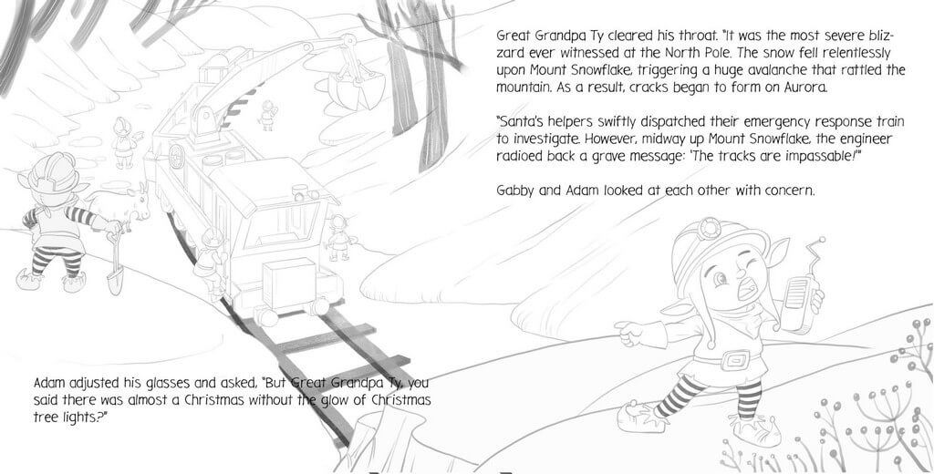 Final line art for the same scene, incorporating the authors' minor revisions before color.