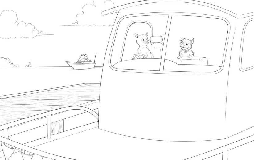 Final line art of a scene where Pearl teaches Hank how to steer a boat. The left half of the spread is intentionally left open to accommodate the text.