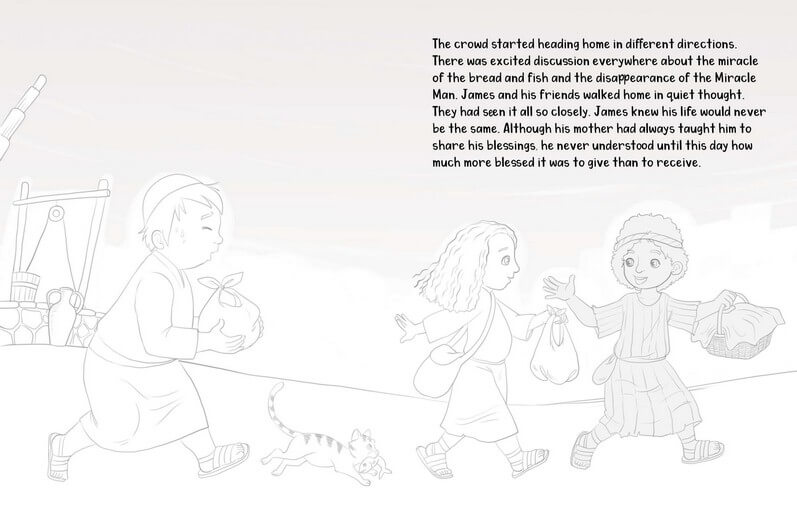 The line art of a spread translates the author’s manuscript into visuals that draw young readers into the world of the story.