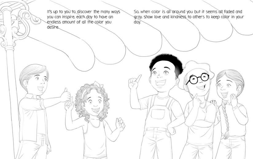Clean line art for the brainstorming scene — composition and character placement agreed before color began.