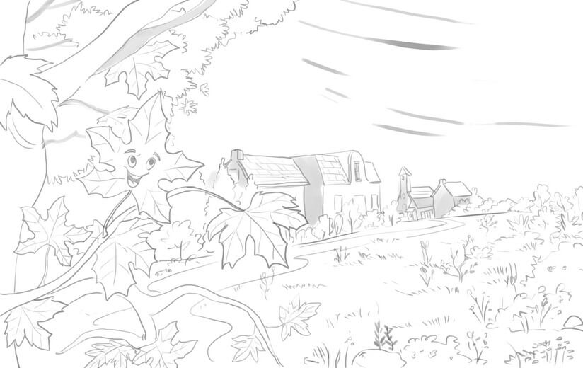 Final line art prior to coloring, with the background revised from a cityscape to village houses.