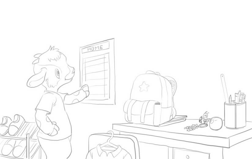 The rough sketch of Henry preparing for the next school day was designed to help young readers relate to the main character’s struggles.