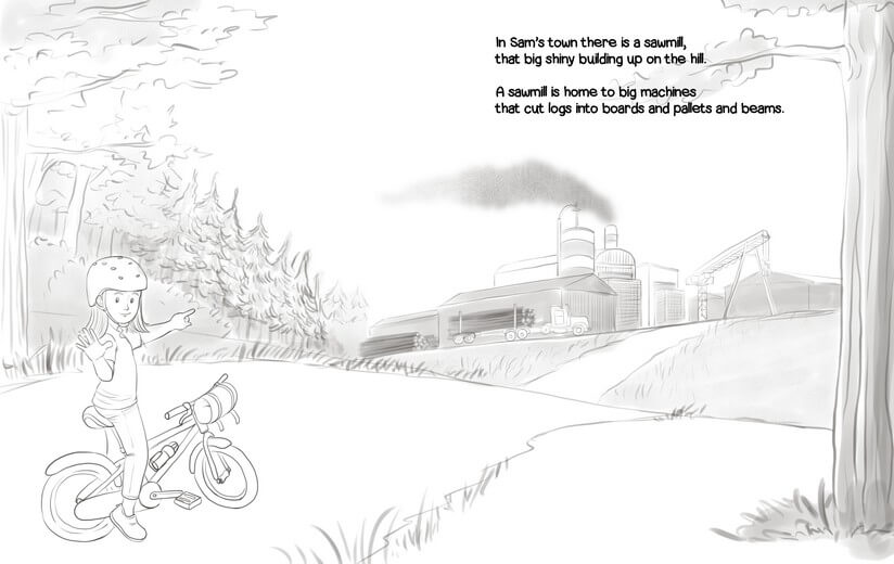 Line art shared for the author’s approval before moving on to coloring. Multiple photo references of an actual sawmill were used extensively during this stage.