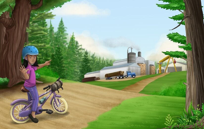 Minor composition adjustments were made to give the protagonist greater prominence in the scene. Balancing the sawmill details was important to ensure young readers would not feel overwhelmed while still gaining a clear understanding of the setting.