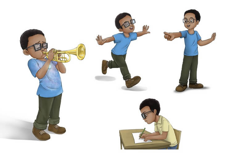 Character consistency sheet for Tonio, developed from photo references provided by the author to ensure his likeness is accurate and recognizable across all 40 pages.