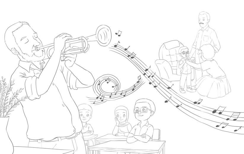 Final line art for the same spread, with refined details added before moving to color.