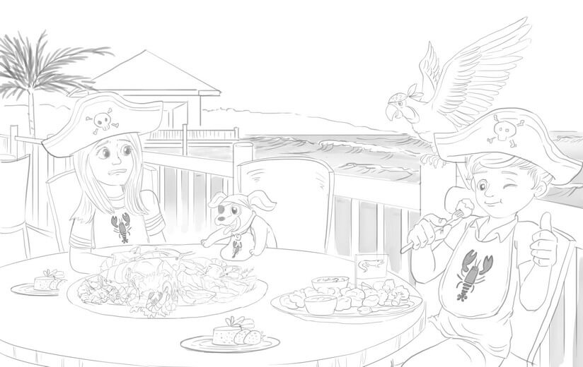 Rough sketch for the Tampa Bay seafood restaurant spread, translating the manuscript's specific food and setting descriptions into a first visual for the author's approval.