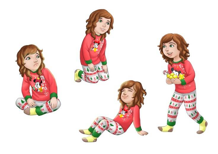 Hannah's character sheet works out the proportions and expression range she needs to carry across a story where the emotional arc moves from ordinary to magical, keeping her recognizable whether she's curious, frightened, or full of wonder.