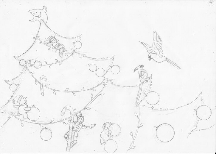 Rough sketch for the ornaments-coming-to-life spread, establishing composition and the balance between illustration and text space, submitted to the author for approval before line work begins.