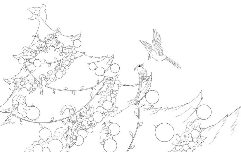 Clean line art incorporating the author's feedback on the ornament details, submitted for a second approval before color begins.