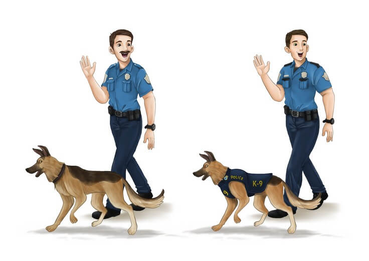 Lou and Belleau — designed from Catherine's manuscript descriptions and refined during the proposal stage, before a single spread was illustrated. Getting the K-9's personality readable in a still image was the key design challenge.