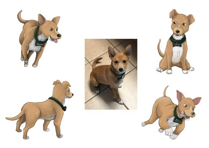 Lucy-roo's character sheet began from a photo reference the author provided, developed here into the expressions, poses, and proportions that carried her through the book.