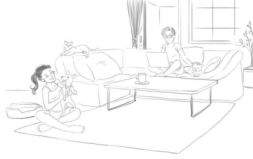 The rough sketch stage, where composition and character placement are blocked out for the author's review before any line work begins.