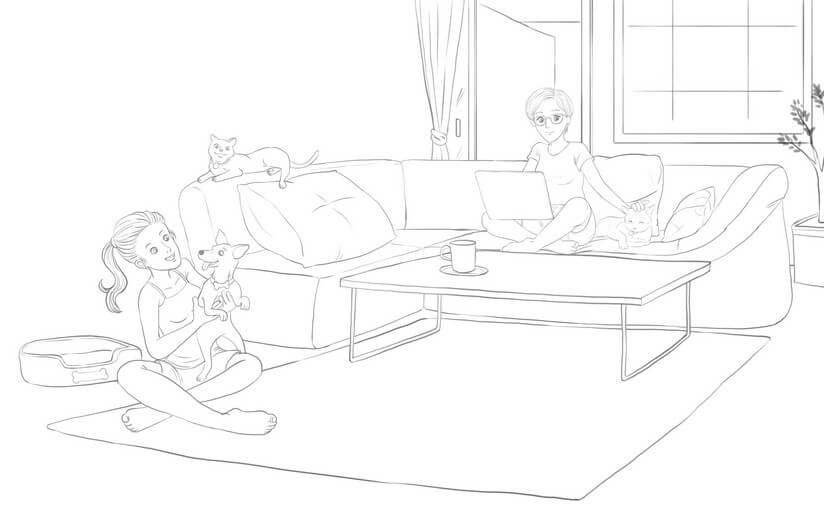 Final line art, locked in only after the sketch is approved. This is what the author signs off on before color goes down.