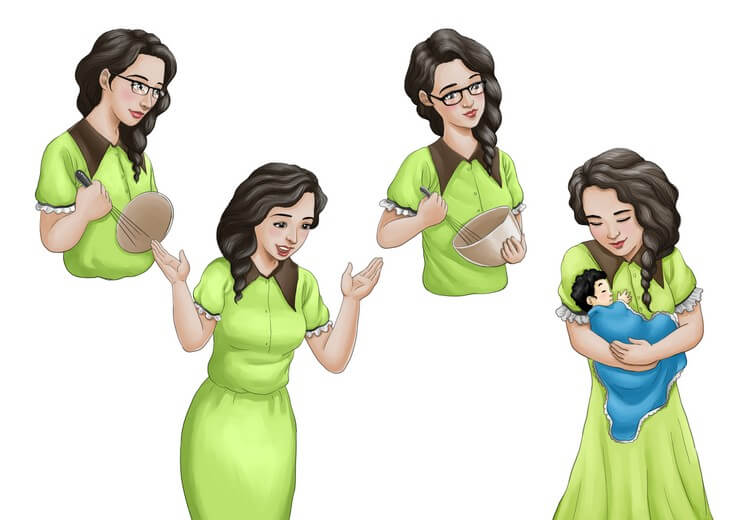 Mom's character sheet works out the range of expressions and body language needed to keep her warm and sympathetic even while she's visibly busy and distracted throughout the story.
