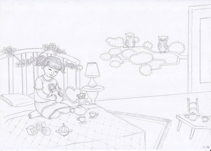 The rough sketch blocks out character placement for the bedroom spread, sent to the author for approval before any further refinement.