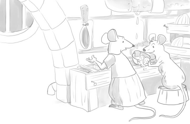 The rough sketch stage blocks out Ron helping his mother with the dishes, including an early pass at a home built from items repurposed from the human world.
