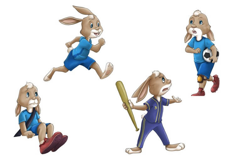 Riley's character sheet maps the full expression range he needs to carry across a story about grief, from sorrow and confusion through anger and the beginnings of peace, while keeping his design recognizable in every scene.