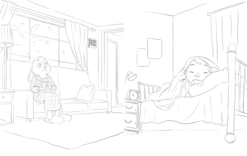 Initial rough sketch blocking Riley's bedroom and living room scenes, establishing character placement and composition for the author's first approval.