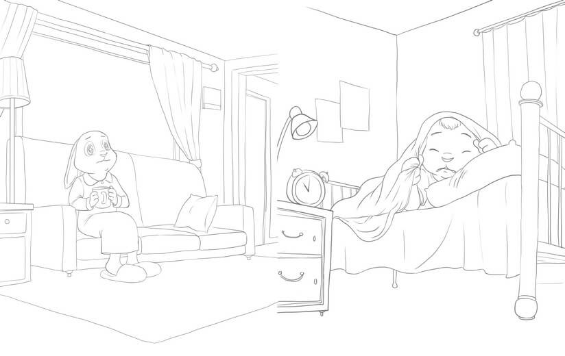 Clean line art with manuscript details incorporated, submitted to the author for a second approval before color begins.