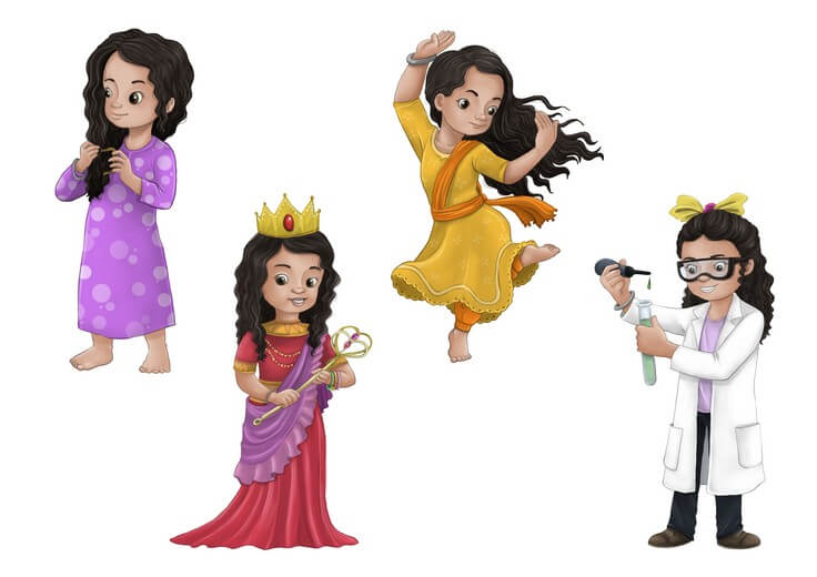 Character sheet of the main protagonist in various outfits and expressions, designed to maintain consistency while reflecting her Sikh heritage.