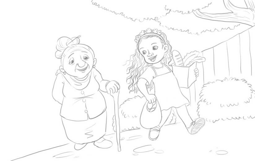 Rough sketch of a Sikh girl helping an elderly woman with her groceries, with a slightly tilted horizon to suggest movement.