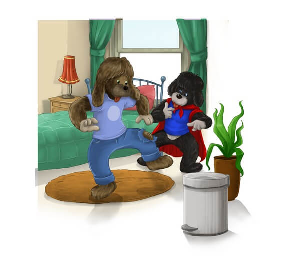 The main protagonists and their bedroom, rendered in the author-approved color palette and included in the final ready-to-print book.