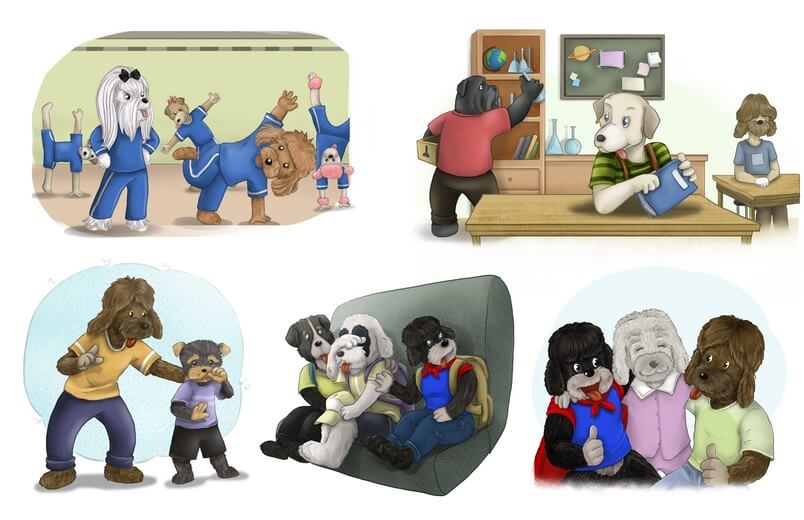 The second book introduces additional anthropomorphic characters based on different dog breeds.