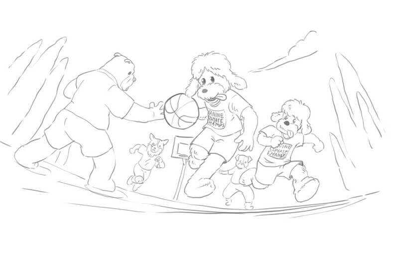 Rough sketch of the basketball scene, drawn with a fisheye-style horizon to emphasize dynamic movement and energy.