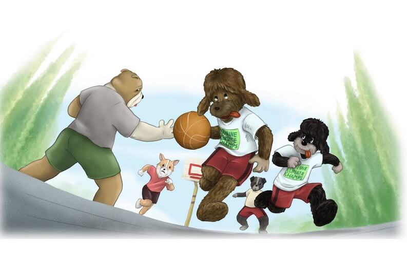 In the colored version, background line art was removed to emphasize the depth and separation between the characters and the environment.