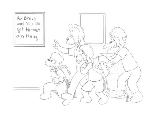 Rough sketch of a morning routine scene, showing parents seeing their children off to the school bus.