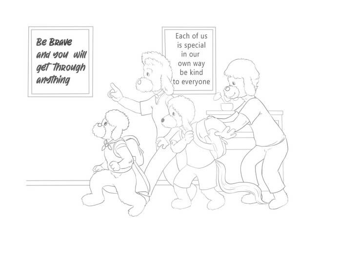 Final line art of the scene, incorporating the author’s requests to emphasize encouraging messages for young readers.