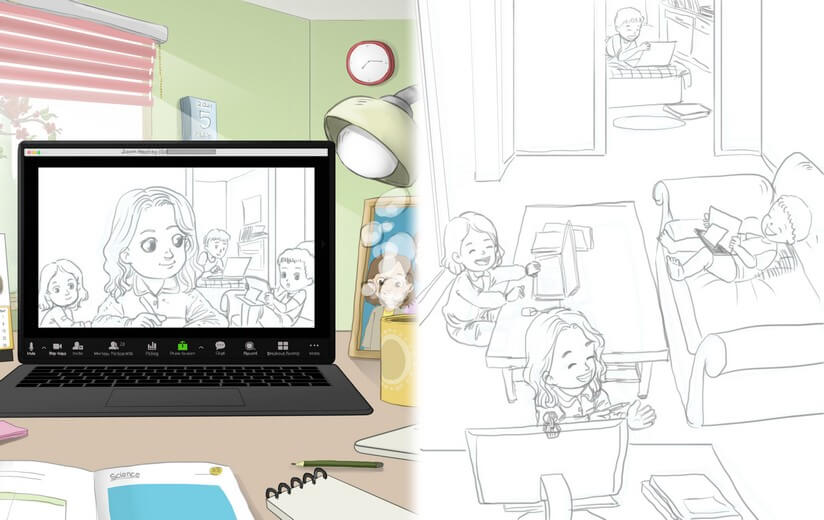 Rough sketch translating the manuscript into a first visual for the author. Composition, character placement, and scene layout, all submitted for approval before line work begins.