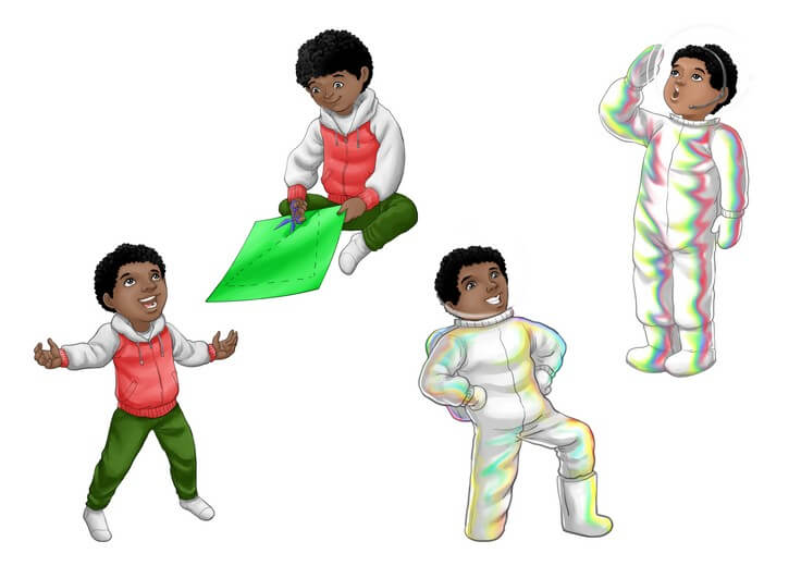 The character sheet works out the same child in two states: his everyday classroom clothes and his imagined space suit, so both versions read as unmistakably the same kid across every scene.