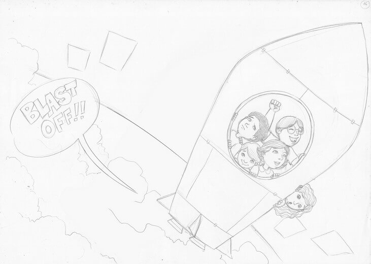 Rough sketch for the launch spread, establishing character placement and scene composition, submitted to the author for approval before line work begins.