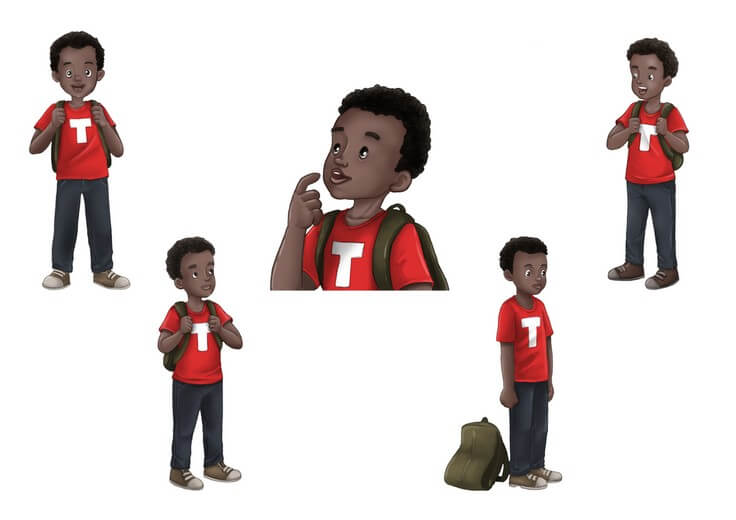 Travis's character sheet locks in the proportions and expressions that carry him from the school bus to the creek and back, so he reads as the same kid whether he's looking up at a harvester or splashing in a brook.