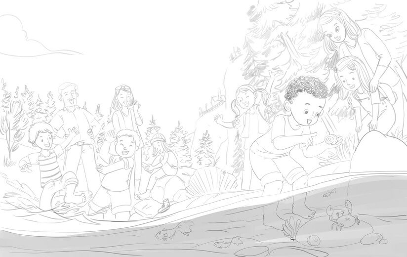 Rough sketch for the brook spread, showing character placement and scene composition, submitted to the author for approval before line art begins.