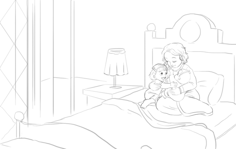 Rough sketch for the bedtime spread, establishing the Queen's embrace of her two daughters, submitted to the author for approval before line work begins.