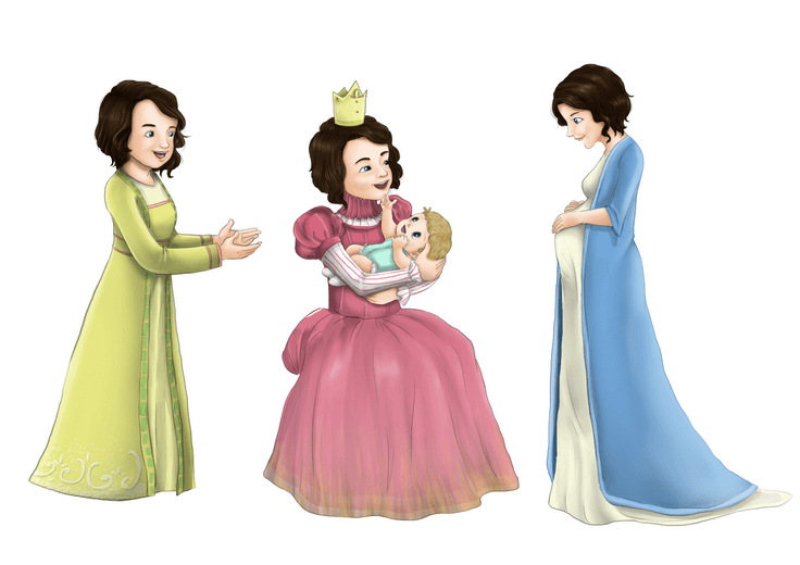 The character sheet works out the Queen's proportions and expression range, establishing the warmth and steadiness she carries as the emotional center of both girls' stories.