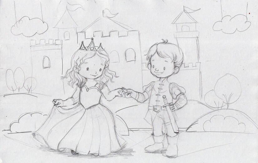 Rough sketch for the spread of Charlie and Sarah dressed as prince and princess at the school performance, establishing the composition, submitted to the author for approval before line work begins.