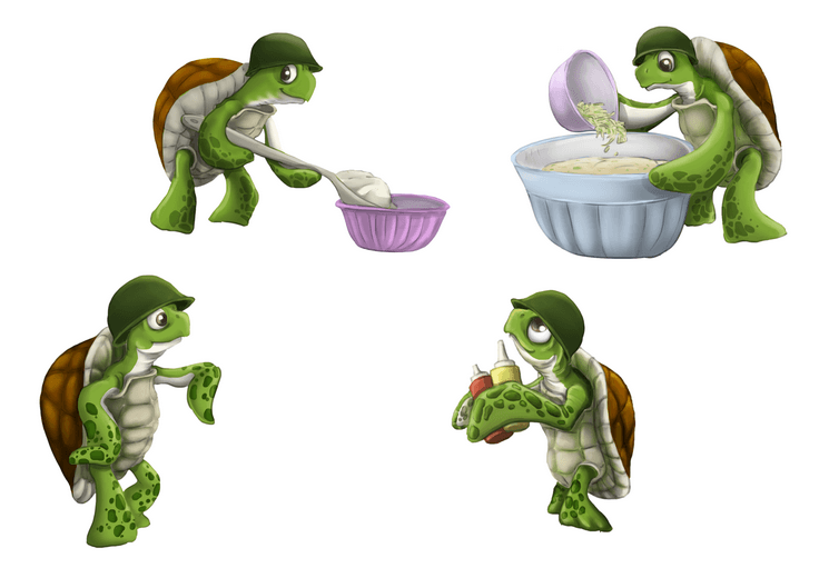 The character sheet works out Sergeant Captain Burt's proportions and expression range, giving the turtle a steady, dependable presence that fits his role as one of Ava's most trusted kitchen helpers.