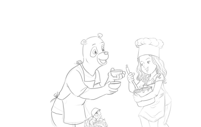 Rough sketch for the mixing spread, establishing Ava at the bowl with Luca Bear and Sergeant Captain Burt passing ingredients, submitted to the author for approval before line work begins.