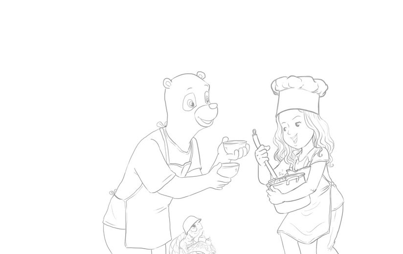 Clean line art incorporating the author's feedback, submitted for a second approval before color begins.